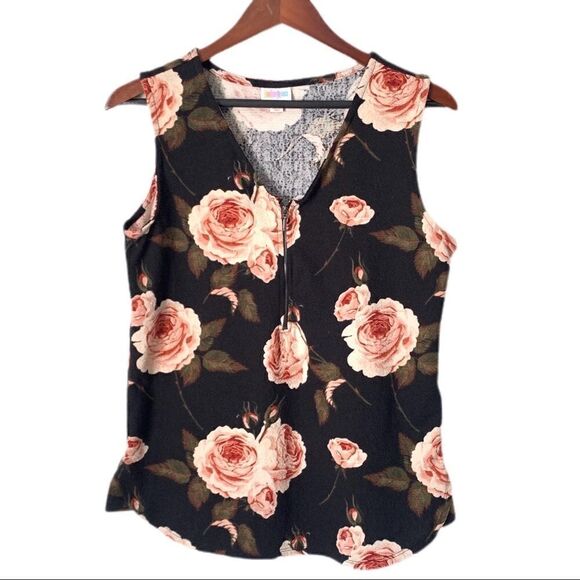 Lularoe Pink Black Half Zip Sleeveless Floral Print Top - Picture 5 of 5